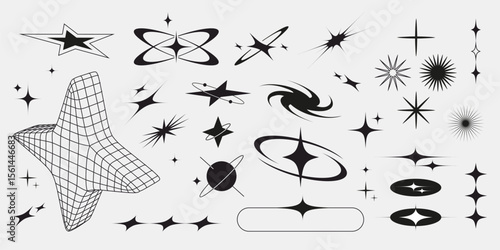 Retro bling shape set with sparkling stars, wireframe grid form, swirling galaxy, planet rings, starburst rays, geometric ellipses and shining diamond sparkles for y2k design, space or vintage decor.