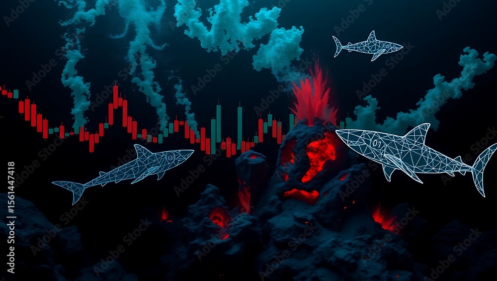 Fototapeta premium Sharks, Stock Market Volatility, and Underwater Financial Crisis Concept
