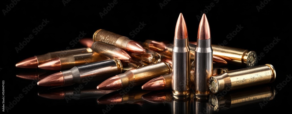 Naklejka premium The detailed arrangement of copper-tipped bullets on a reflective surface.