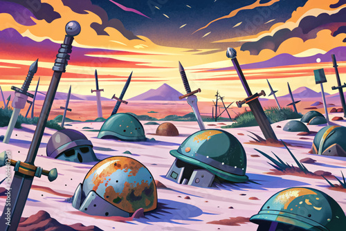 Scorched Earth Battlefield with Broken Swords and Abandoned Helmets