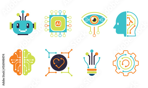 Colorful AI and Technology Icons Set – Flat Design Vector