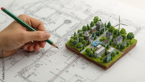 Planning a sustainable community with eco-friendly architecture and green energy, drafting future concepts.