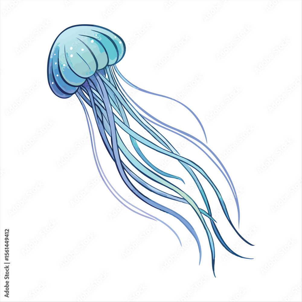 Fototapeta premium Elegant cartoon jellyfish with flowing blue tentacles and translucent bell isolated on transparent background