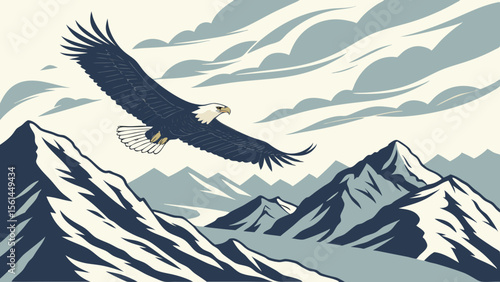 Illustration of an eagle soaring above a mountainous landscape with a cloudy sky in the background