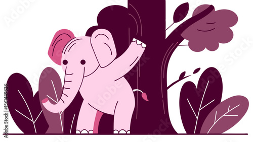 Pink baby elephant cartoon vector illustration with a cute, funny trunk design for children