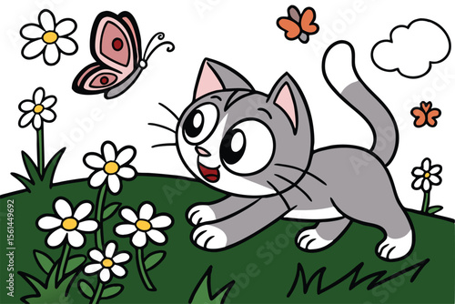 Whimsical cartoon cat chasing a butterfly in a vibrant colorful background