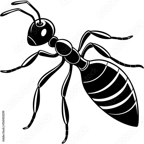 Stylized black and white illustration of a single ant with detailed segmented body