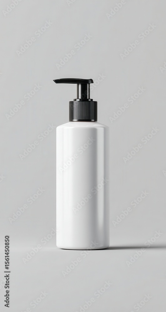 A cylindrical white pump bottle with a black dispenser, standing on a light gray surface against a matching backdrop A cylindrical white pump bottle with a black dispenser, standing on a light gray surface against a matching backdrop