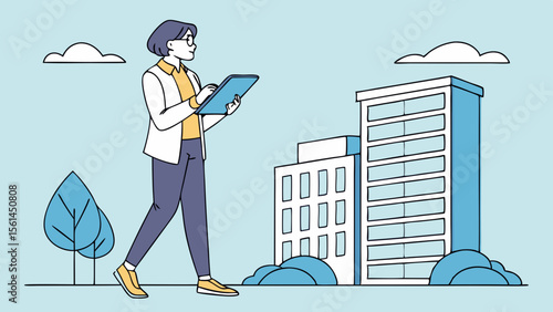 Woman in glasses walks holding tablet in front of buildings and clouds in a light blue background view