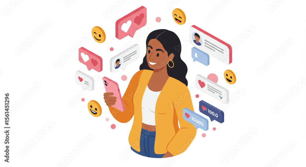 A smiling woman interacts with social media on her mobile phone, surrounded by floating icons. A smiling woman interacts with social media on her mobile phone, surrounded by floating icons.