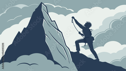 Silhouette of a climber ascending a jagged mountain peak against a cloudy sky in a stylized illustration