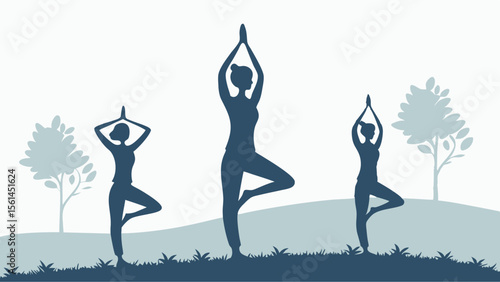 Silhouettes of three women in tree pose practicing yoga in a serene outdoor landscape with trees and grass