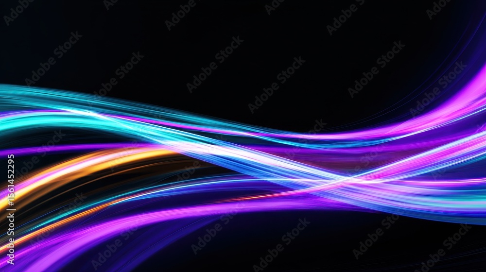 Naklejka premium Vibrant abstract waves of light in purple, blue, and orange against a dark background