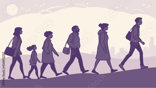 Silhouette illustration of family members walking in a row with city skyline and moon in background