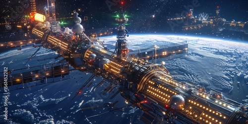 Fototapeta Naklejka Na Ścianę i Meble -  A futuristic space station orbits earth, with city lights visible below in the night