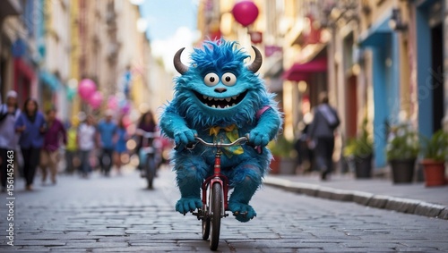 Blue Furry Monster Pedals Through City