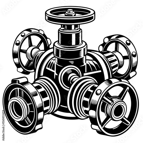 Intricate industrial valve with multiple outlets and a large handwheel