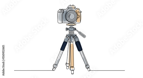 One line doodle drawing of camera tripod with DSLR outline, watercolor fill in cool gray, soft navy and light tan on white background