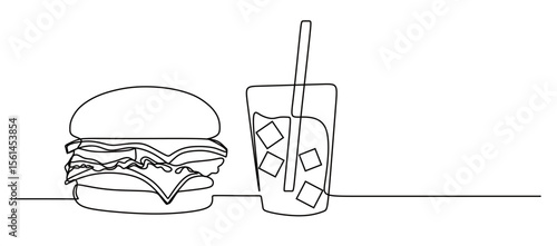 continuous one line art of a burger and a glass filled with water and ice cubes and a straw