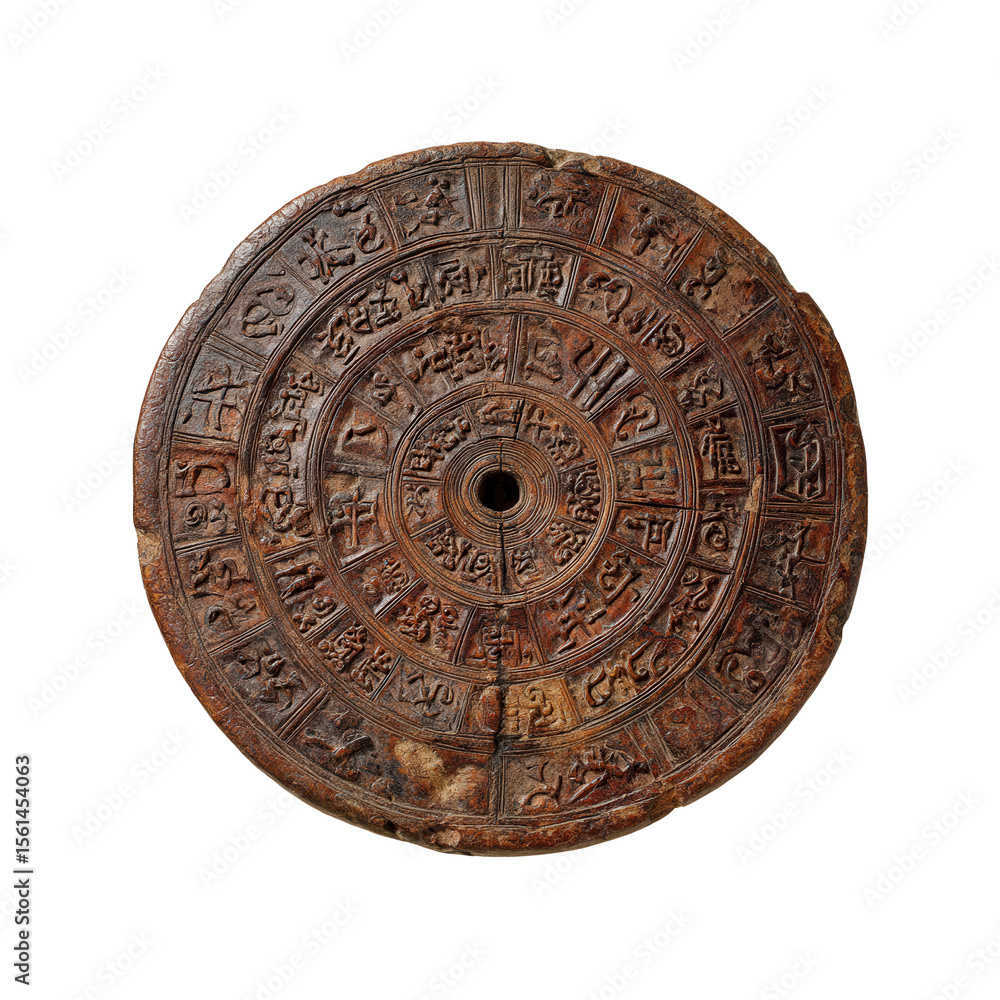 Naklejka premium Ancient Chinese Carved Wooden Disc with Zodiac and Calendar Symbols