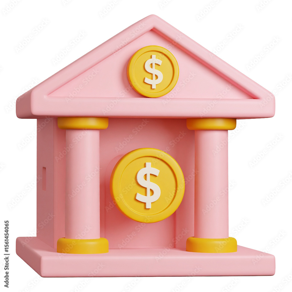 Pink Bank Building Icon: A charming 3D rendering of a pink bank building icon, featuring golden dollar coins, symbolizes financial security and wealth management. Perfect for financial websites, apps. Pink Bank Building Icon: A charming 3D rendering of a pink bank building icon, featuring golden dollar coins, symbolizes financial security and wealth management. Perfect for financial websites, apps.