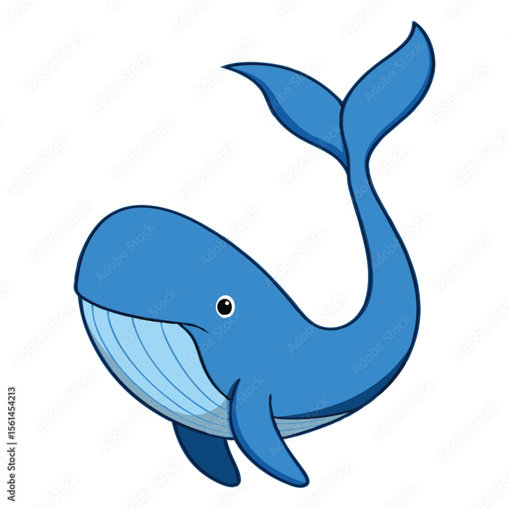 Fototapeta premium Cute cartoon blue whale with big smile and curved tail isolated on transparent background