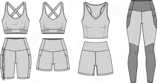 Activewear sports bra, leggings, biker shorts flat sketch, technical fashion cad drawing, athletic fitness wear vector front and back illustration