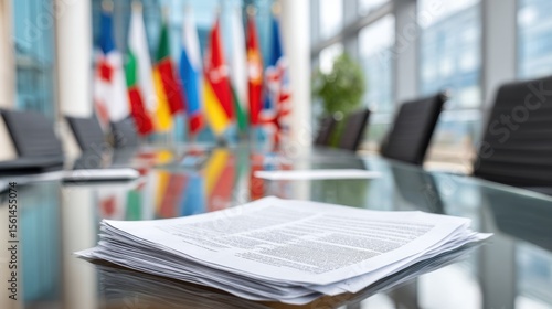 Stack of documents on a glass table, blurred flags in the background, conference room setting, suggesting international negotiations.