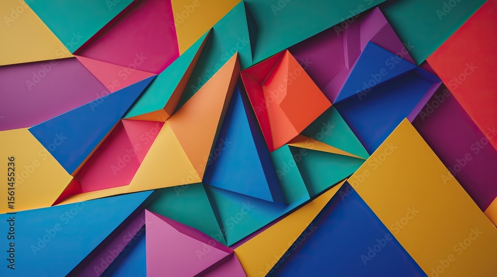 Abstract Composition of Vibrant Geometric Shapes — Triangles, Trapezoids, and Polygons — in Rich Hues of Blue, Yellow, Red, and Green, Creating a Sense of Layered Motion and Visual Depth Abstract Composition of Vibrant Geometric Shapes — Triangles, Trapezoids, and Polygons — in Rich Hues of Blue, Yellow, Red, and Green, Creating a Sense of Layered Motion and Visual Depth