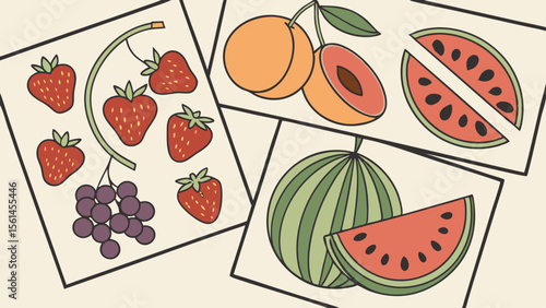 Illustration featuring strawberries grapes peaches and watermelons arranged on separate sheets of paper