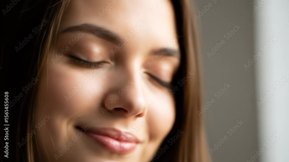 Serene Close-Up: Young Woman's Peaceful Moment of Reflection and Inner Calm Serene Close-Up: Young Woman's Peaceful Moment of Reflection and Inner Calm