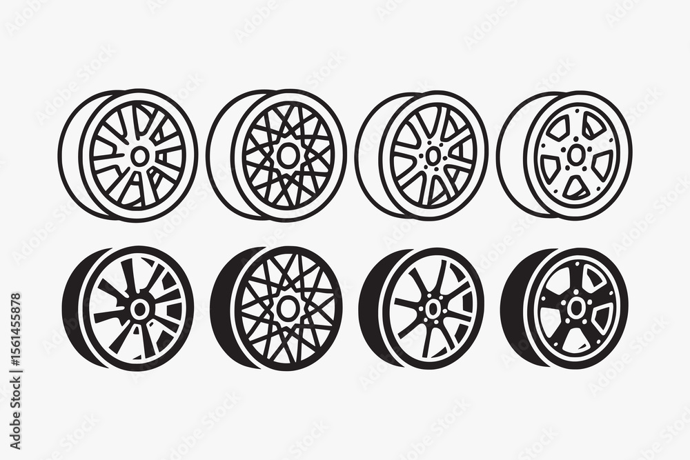 car wheel rim icons set in outline and filled style for garage, workshop and repair. allow rim racing illustrations. automotive spoke spare parts element designs with multi, mesh, split, modular car wheel rim icons set in outline and filled style for garage, workshop and repair. allow rim racing illustrations. automotive spoke spare parts element designs with multi, mesh, split, modular