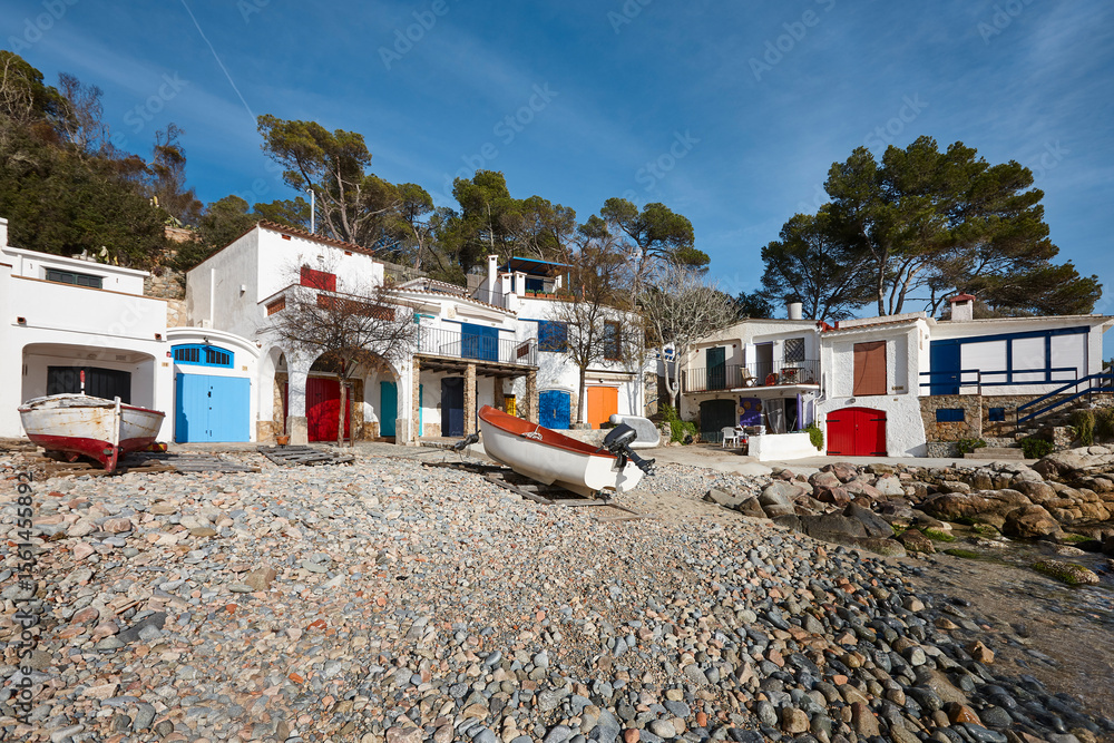 Fototapeta premium Picturesque colorful mediterranean shoreline in Girona. Salguer cove. Fisherman houses