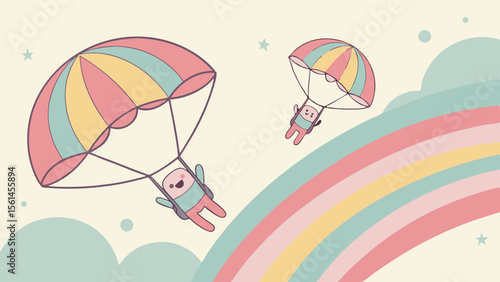 Two cartoon characters parachuting with a pastel rainbow and stars on a light background illustration