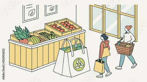 People shopping for fruits and vegetables at a local grocery store with reusable bags and baskets inside