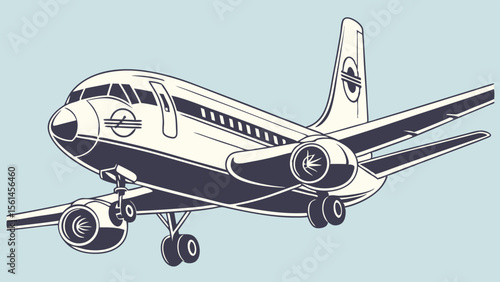 Illustration of a vintage commercial airplane with landing gear extended ready for landing approach view