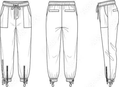 Cargo jogger pants flat sketch, front back side view, CAD fashion drawing, vector illustration, technical garment design template