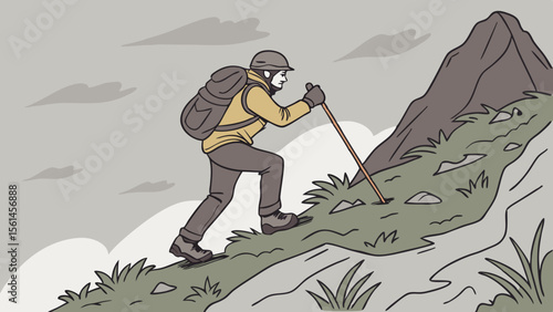 A man with a backpack hiking up a grassy slope with a walking stick towards a rocky mountain peak