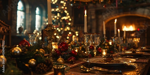An elegant christmas table setting with candles and ornaments in a cozy room