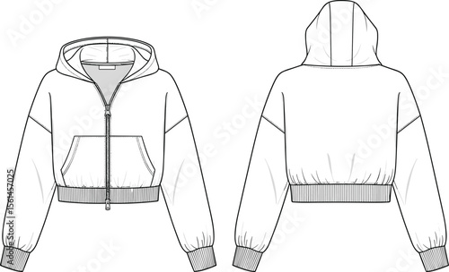 Cropped hoodie flat sketch front and back, technical fashion CAD drawing, vector template, zip-up sweatshirt design, garment apparel illustration
