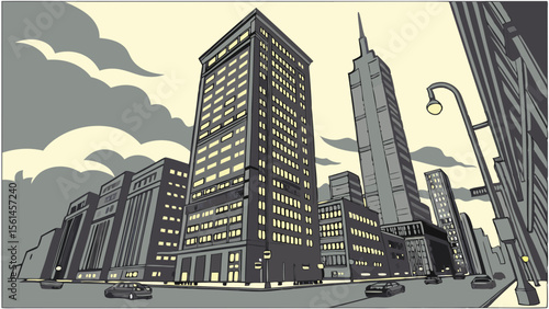 Illustration of a cityscape with tall buildings street lamps cars and cloudy sky in a comic book style art 100
