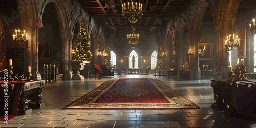 A grand hall with christmas trees and chandeliers in a luxurious mansion