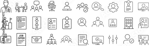 Job Recruitment Stroke Icon Collection. Featuring Resume, Interview, Offer Letter, Employee, and HR symbols. Editable Outline icons for career and workplace visuals.