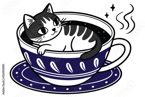 Cute cat relaxing inside a coffee cup illustration