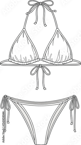 Flat vector technical drawing of women’s string bikini set, triangle top and tie side bottom, detailed swimwear fashion CAD illustration