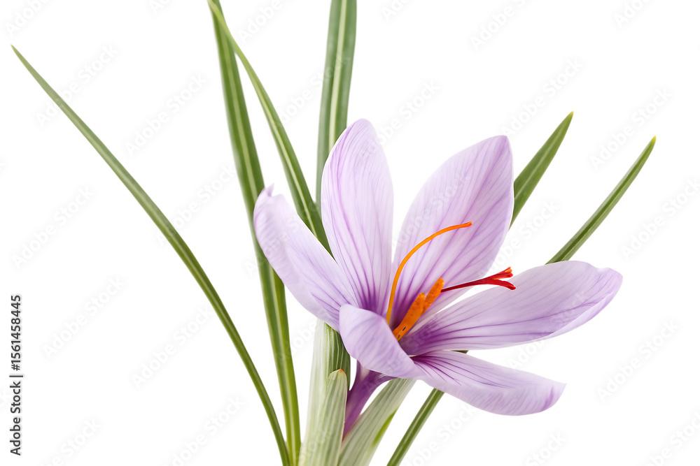 Naklejka premium Saffron flower with green leaves isolated on a transparent background