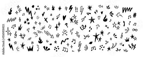 Set of handwriting doodle icons. Star, heart, twinkle, crown, glitter, emphasis crayon scribble. Emo grunge sketch. Punk rock music hand drawn background. Vector illustration in y2k style