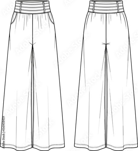 Flat technical vector drawing of wide leg high waist women’s pants with pleats, waistband detail and pockets, fashion CAD illustration