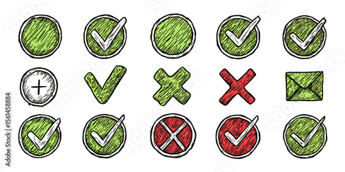 Green and Red Symbols: A set of hand-drawn checkmarks and crosses in green and red circles, suggesting a simple message of approve or disapprove.  