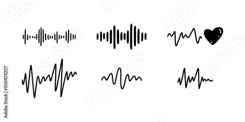 Hand drawn doodle sound wave. Audio, radio frequency vector illustration. Music soundwave. Earthquake seismogram measure, seismogram activity. One line voice recording drawing
